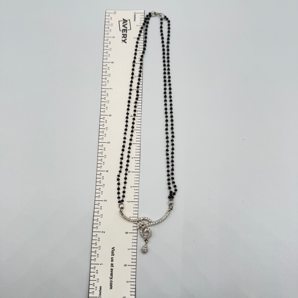 Dainty Necklace with Black Beaded Chain and CZ studded Asymmetrical Pendant - Picture 11 of 13